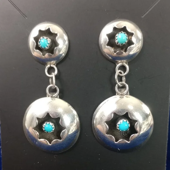 Vintage Navajo Shadowbox Sterling Silver and Turquoise Dangle Earrings - Picture 1 of 12